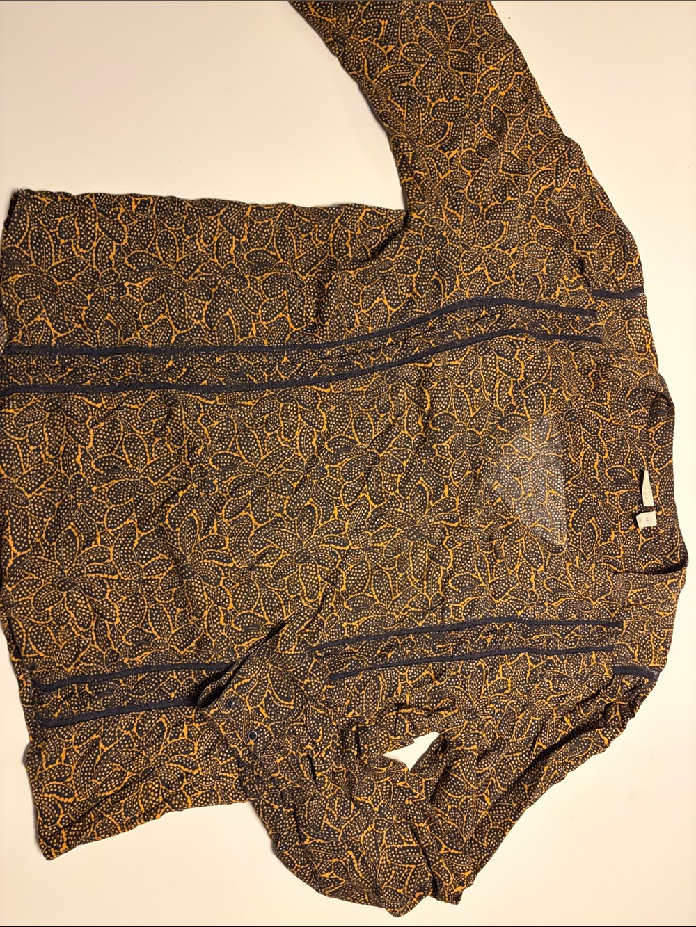 hinge Navy Button-Front Blouse with Mustard Leaf Motif